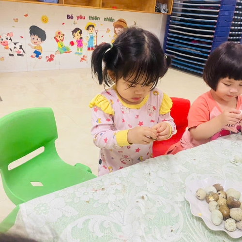 Bé lớp mầm học kỹ năng bóc trứng